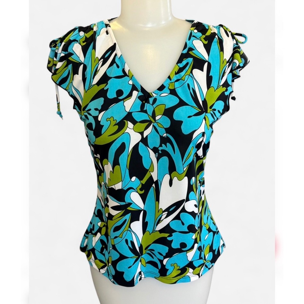 Faith Passion Y2K Floral V-Neck Top Turquoise Green Retro Eclectic Indie Medium‎